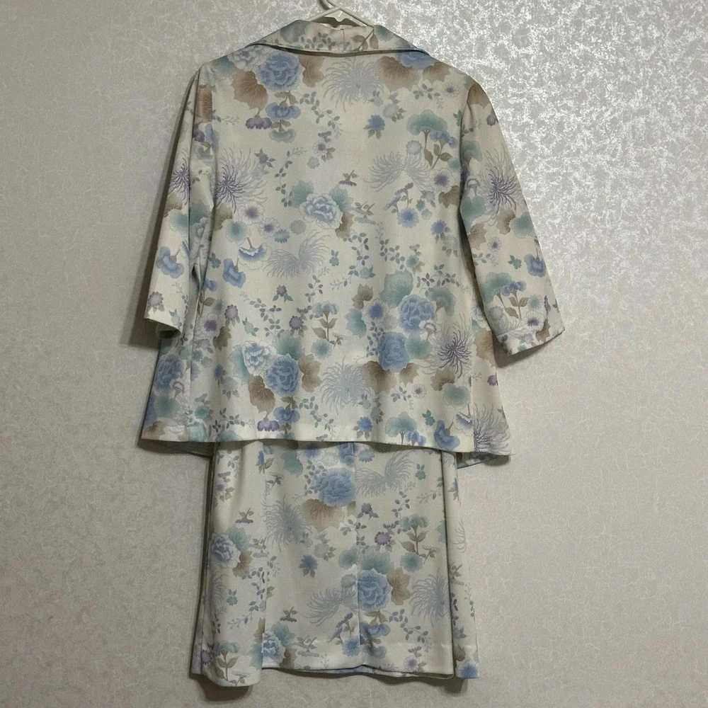 Vintage‎ 60's Floral 2 Piece Dress & Jacket Set Blue Purple Cream Cottagecore S
